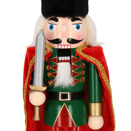 Dziadek do orzechów 38 cm z peleryną, ozdoba świąteczna, figurka drewniany żołnierzyk zielono-czerwony