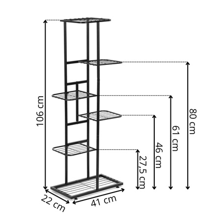 Kwietnik metalowy, pionowy z 6 półkami loftowy stojak na rośliny 106 cm czarny