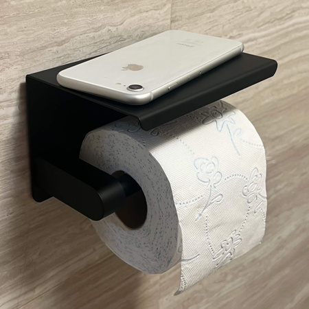 Uchwyt na papier toaletowy samoprzylepne akcesorium łazienkowe stalowe z półką czarne