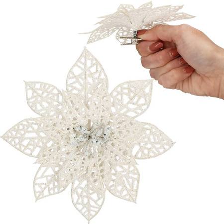 Poinsecja sztuczny kwiat na klipsie, gwiazda betlejemska ażurowa, biała z brokatem