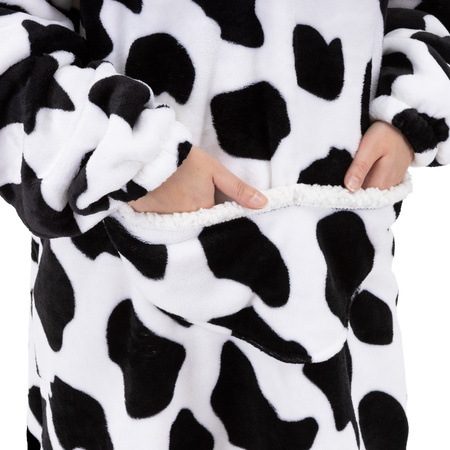 Bluza koc damska 2w1 kocobluza z kapturem ciepła oversize szlafrok futrzak czarno-biała
