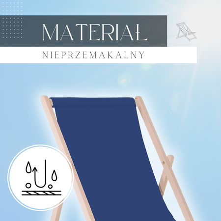 Leżak plażowy składany, drewniany z granatowym materiałem