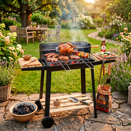 Grill węglowy z regulacją wysokości, grill ogrodowy z widelcami i rusztem, przenośny