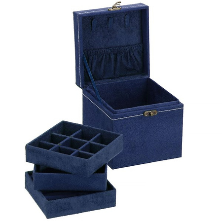 Szkatułka na biżuterię 12x12x12 cm granatowy kuferek z przegródkami welurowy