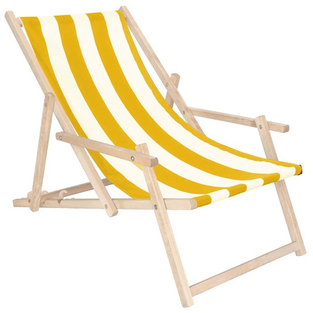 Leżak drewniany z podłokietnikami ogrodowy, plażowy zółto-białe pasy