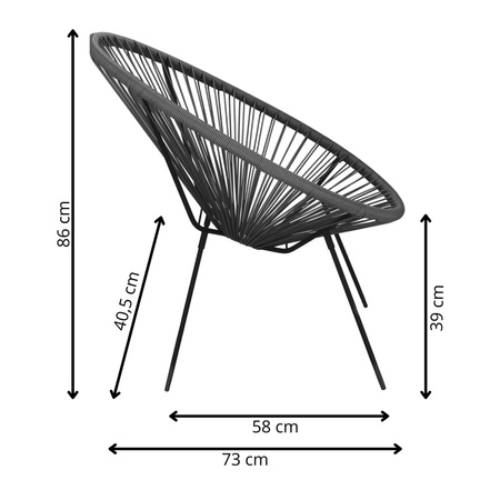 Rattanowy fotel ogrodowy, wys. 86 cm ażurowe krzesło owalne na zewnątrz, szary