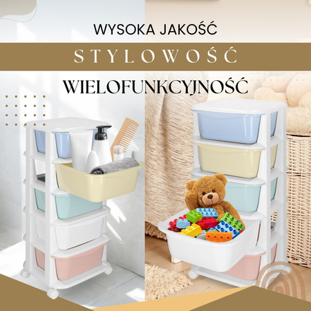 Regał łazienkowy z 5 szufladami szafka na kółkach na zabawki mobilna pastelowa