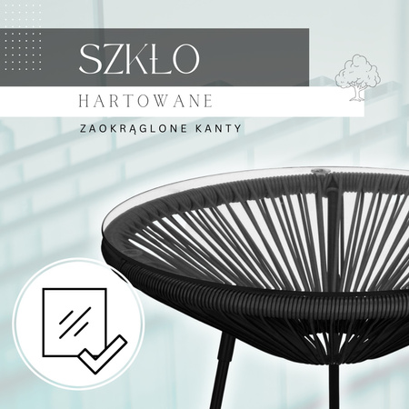 Stolik ogrodowy okrągły rattanowy, szklany blat 50 cm okrągły stół na balkon taras czarny