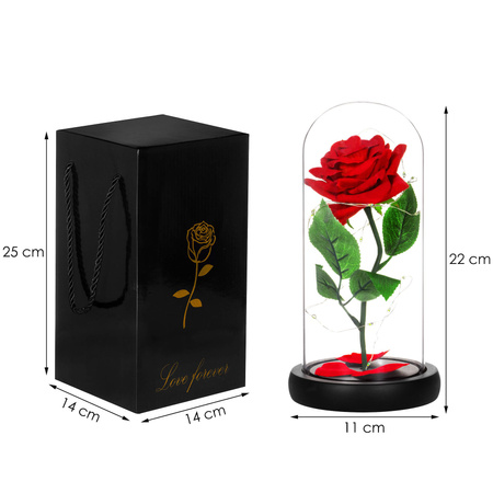 Wieczna róża w kloszu 22 cm świecąca ozdoba LED na prezent czerwona