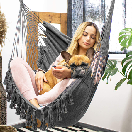 Fotel wiszący z poduszkami fotel brazylijski z frędzlami boho szary