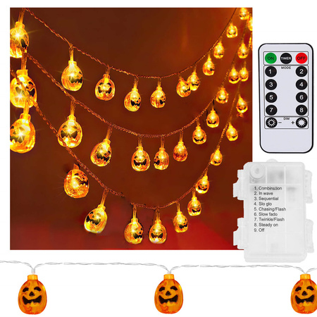 Dekoracja na Halloween łańcuch świetlny dynie girlanda na baterie i pilota 20 LED