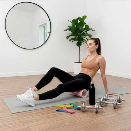 Roller fitness do masażu ciała, średnio twardy, wałek z wypustkami, różowy