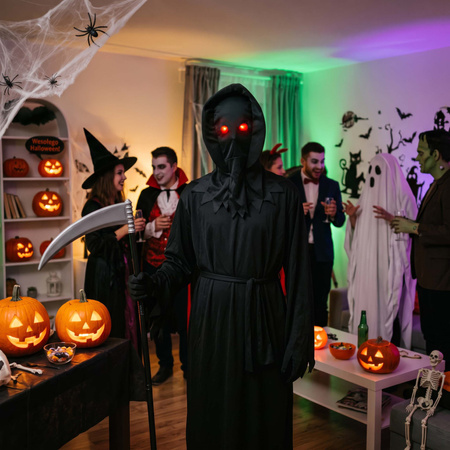 Kostium śmierci na Halloween 146-152 cm peleryna, kosa, okulary LED kostium żniwiarza, strój kostuchy