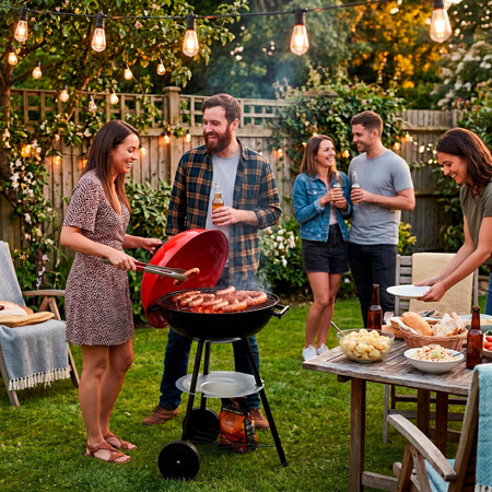 Grill węglowy okrągły, ruszt 41 cm zamykany grill ogrodowy z pokrywą czarno-czerwony