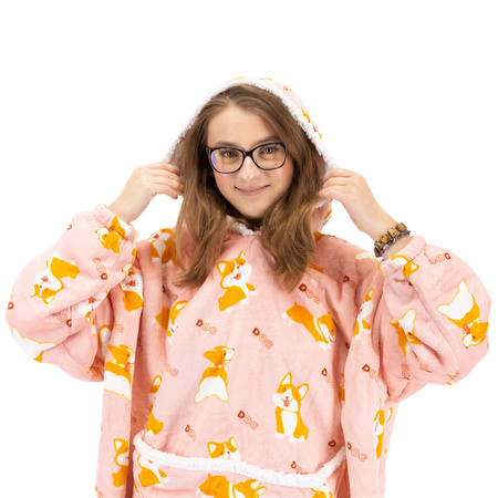 Bluza koc damska 2w1 kocobluza z kapturem ciepła oversize szlafrok futrzak pieski corgi