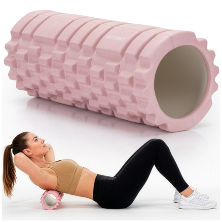 Roller fitness do masażu ciała, średnio twardy, wałek z wypustkami, różowy