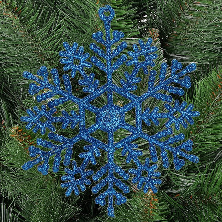 Zawieszki choinkowe 10 cm, niebieskie śnieżynki brokatowe, 12 sztuk