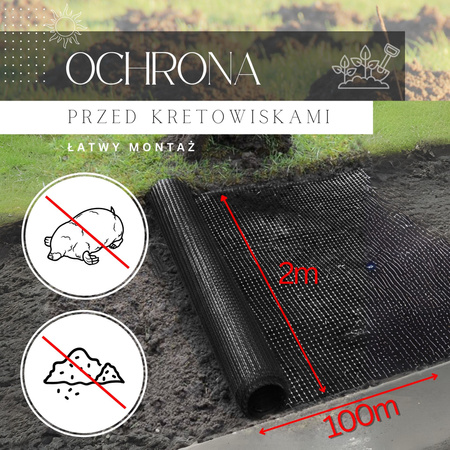 Siatka przeciw nornicom 2 m x 100 m + kołki 50 szt. przeciw kretom 30g/m2