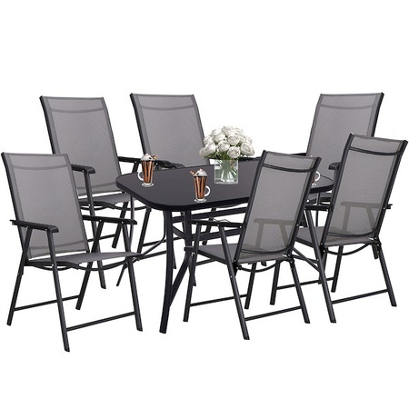 Zestaw mebli ogrodowych stół ze szkłem hartowanym, 6 krzeseł komplet na taras szaro-czarny