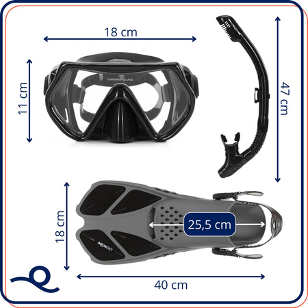 Komplet do snorkelingu płetwy 42-47 regulowane, maska do nurkowania AntiFog i rurka DryTop