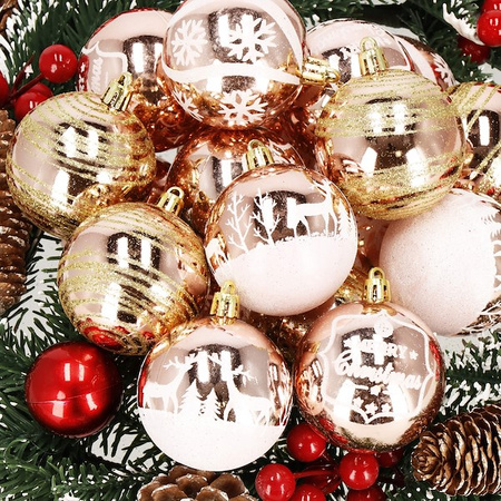 Bombki choinkowe 6 cm 24 szt. rose gold brokatowe zestaw choinkowy