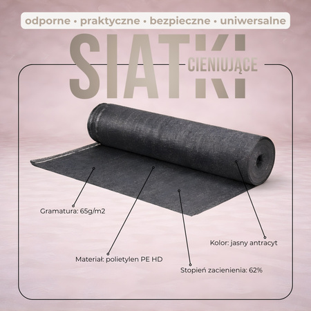 Siatka cieniująca 62% 1,5x50 m osłona na ogrodzenie 65g/m2 100 szt. opasek jasny antracyt
