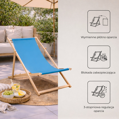 Leżak plażowy składany, drewniany z niebieskim materiałem
