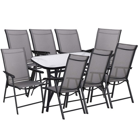 Meble ogrodowe, komplet na balkon dla 8 osób: metalowe 8 krzeseł i stół z szkła hartowanego czarno-szary