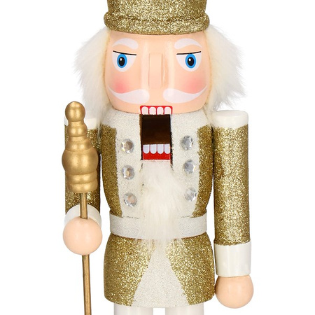 Dziadek do orzechów 38 cm z berłem, ozdoba świąteczna, figurka drewniany żołnierzyk brokatowo złoty