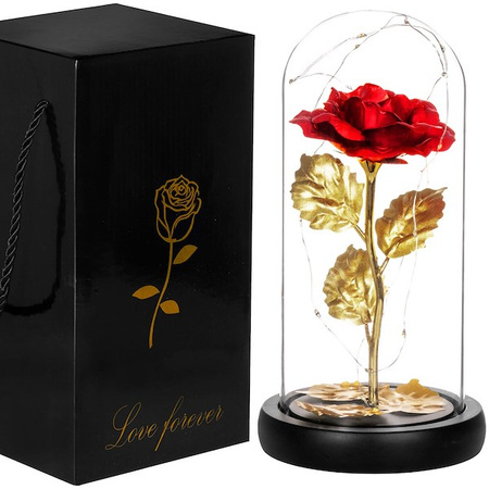 Wieczna róża w kloszu 22 cm świecąca ozdoba LED prezent czerwona