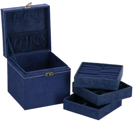 Szkatułka na biżuterię 12x12x12 cm granatowy kuferek z przegródkami welurowy
