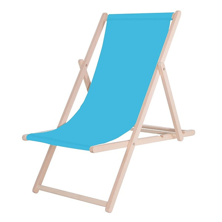 Leżak plażowy składany, drewniany z niebieskim materiałem