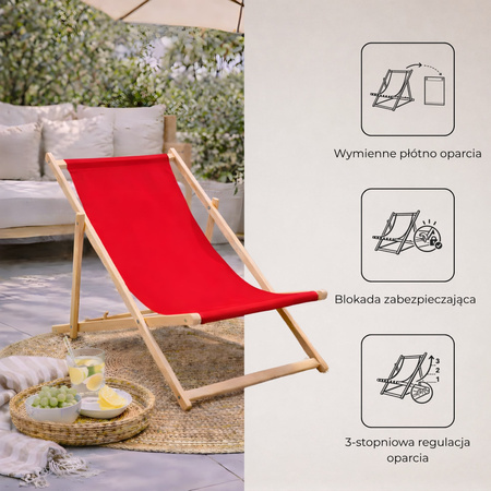 Leżak drewniany z 3-stopniową regulacją, ogrodowy, plażowy, balkonowy, czerwony