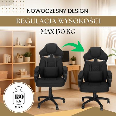 Fotel biurowy z regulacją wysokości, krzesło gamingowe, obrotowe dla gracza, czarny