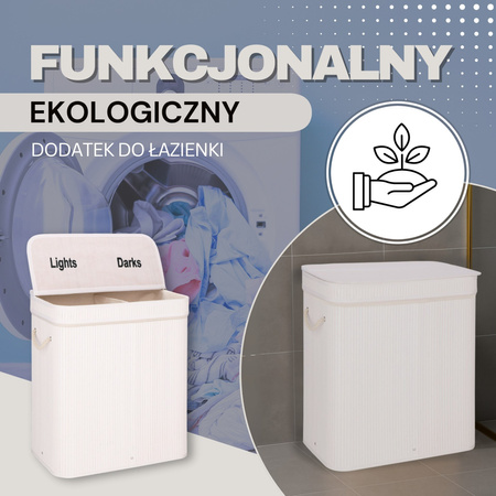 Kosz na pranie z pokrywą 100l biały bambus 2 komory  