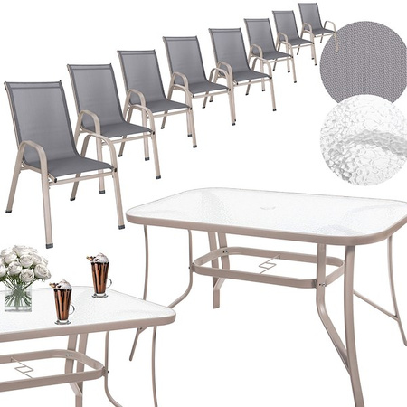 Zestaw mebli ogrodowych stół ze szkłem hartowanym, 8 krzeseł komplet na taras szary