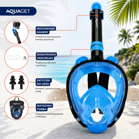 Maska do snorkelingu, nurkowania L/XL pełnotwarzowa z rurką, uchwyt na kamerę, AntiFog, DryTop