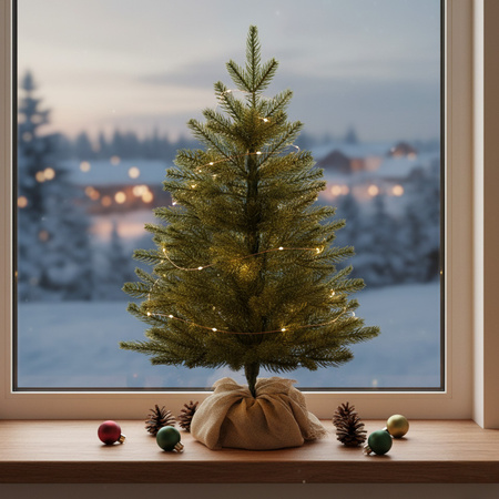 Mała choinka sztuczna 60 cm świerk kaukaski premium z jutą, na stolik, biurko mini ozdoba