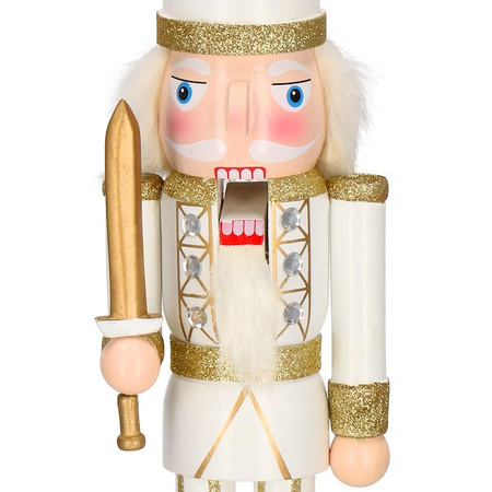 Dziadek do orzechów 38 cm z mieczem, ozdoba świąteczna, figurka drewniany żołnierzyk kremowo-złoty