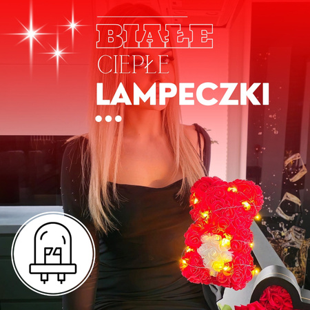Miś z róż 22 cm czerwony z białym sercem i pudełkiem miś różany LED ciepły biały